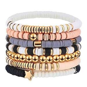 Boho Clay Bead Bracelet Stack Gold Accents & Star Charm Heishi Disk Friendship